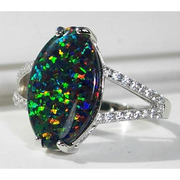 925 Sterling Silver Marquise Lab Created Green Black Opal CZ Ring - Picture 3 of 15